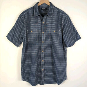 Cremieux Mens L Button Front Shirt Blue Striped Short Sleeve Casual Cotton Blend